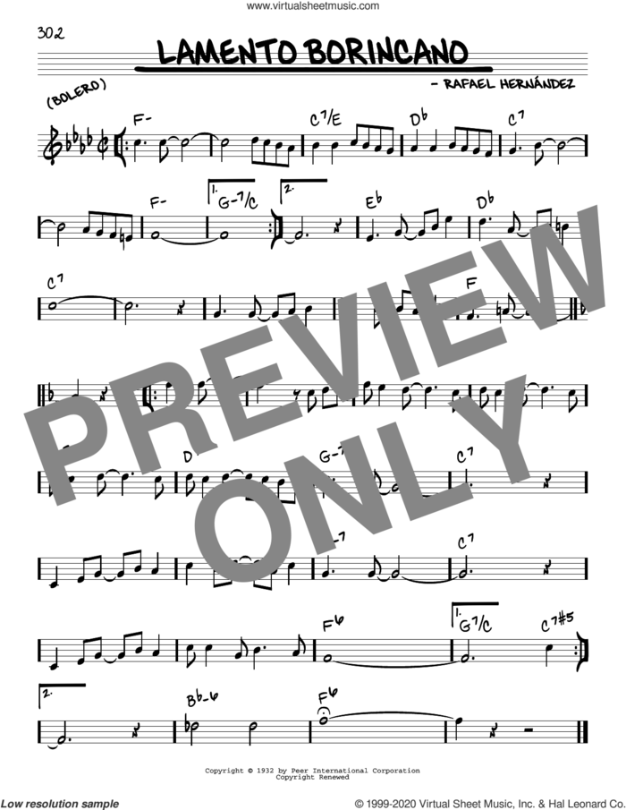 Lamento Borincano sheet music for voice and other instruments (real book) by Rafael Hernandez, intermediate skill level