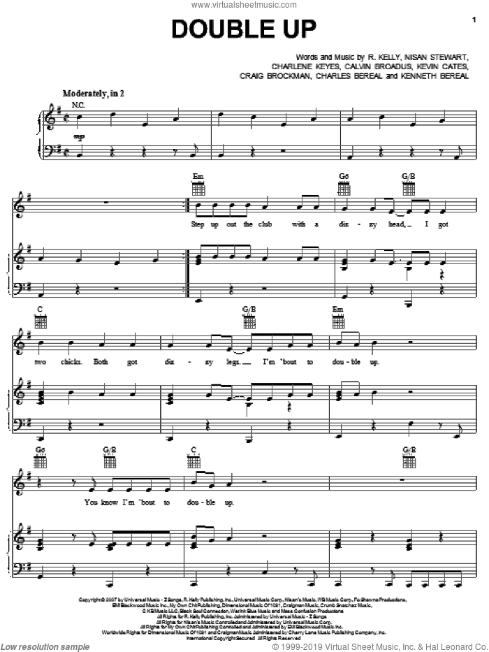 Double Up sheet music for voice, piano or guitar by Robert Kelly, Calvin Broadus, Charlene Keyes, Charles Bereal, Craig Brockman, Kenneth Bereal, Kevin Cates and Nisan Stewart, intermediate skill level