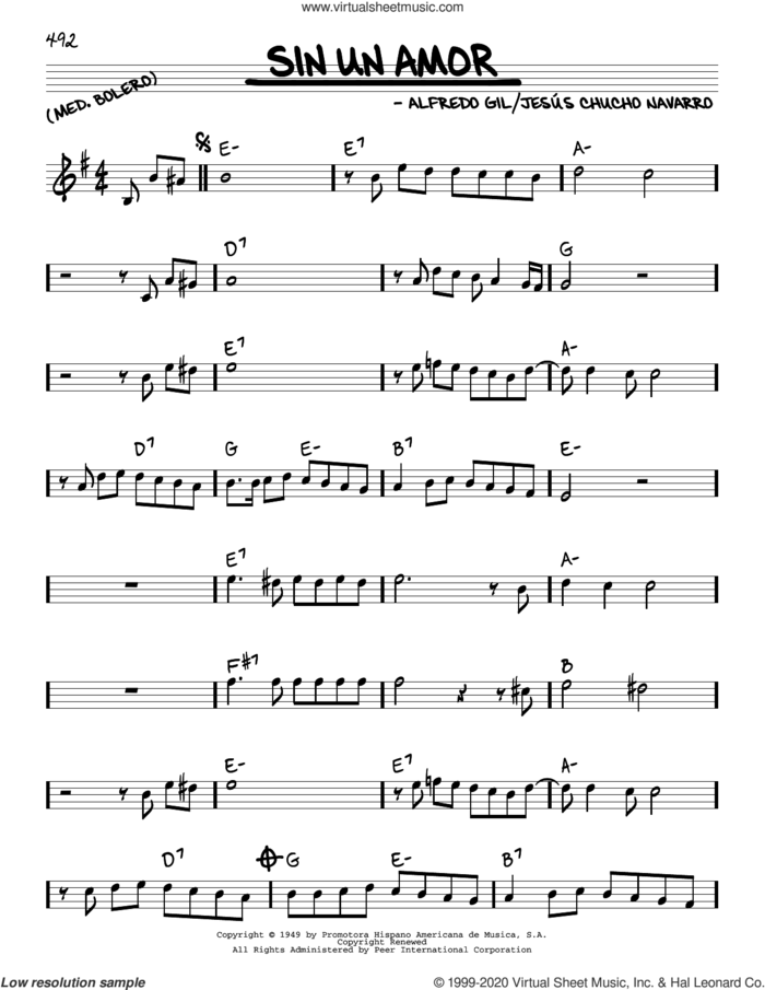 Sin Un Amor sheet music for voice and other instruments (real book) by Trio Los Panchos, Alfredo Gil and Jesus Chucho Navarro, intermediate skill level