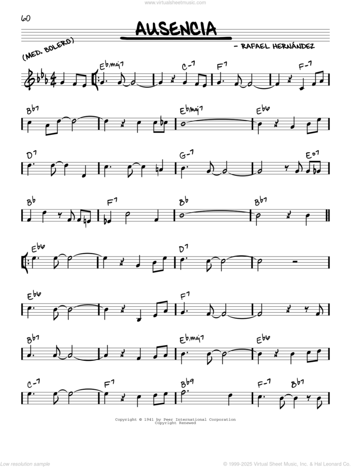 Ausencia sheet music for voice and other instruments (real book) by Rafael Hernandez, intermediate skill level