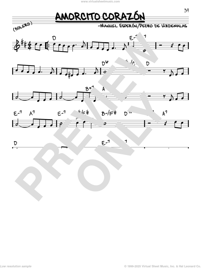 Amorcito Corazon sheet music for voice and other instruments (real book) by Manuel Esperon and Pedro de Urdemalas, wedding score, intermediate skill level