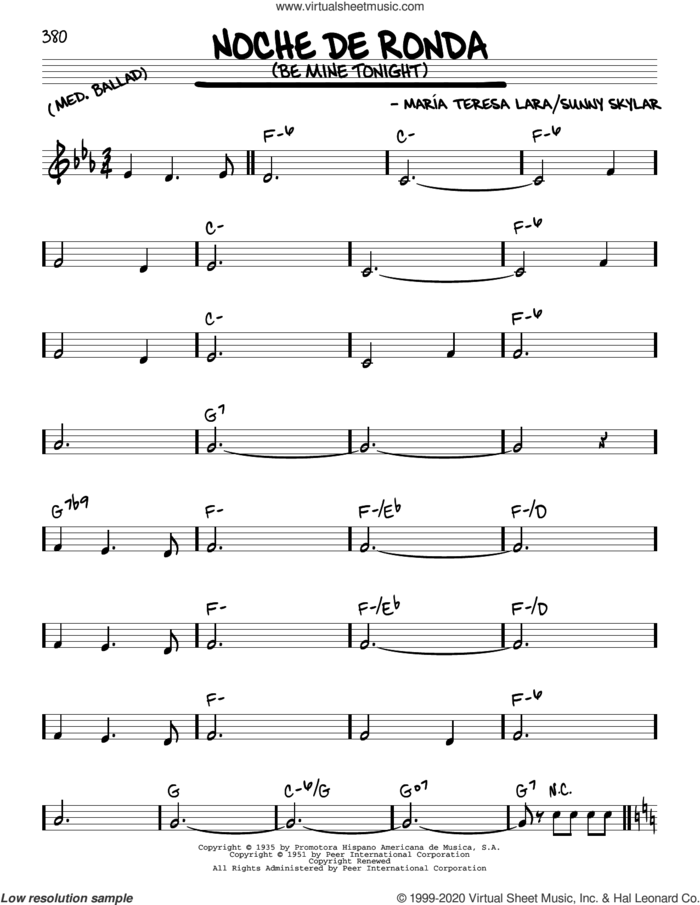 Noche De Ronda (Be Mine Tonight) sheet music for voice and other instruments (real book) by Maria Teresa Lara and Sunny Skylar, intermediate skill level