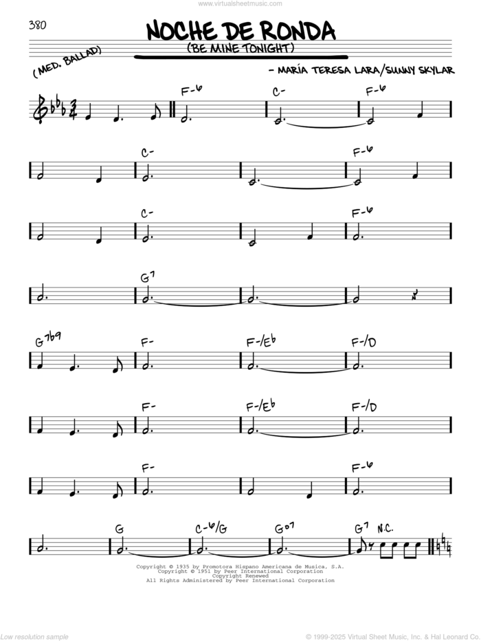 Noche De Ronda (Be Mine Tonight) sheet music for voice and other instruments (real book) by Maria Teresa Lara and Sunny Skylar, intermediate skill level