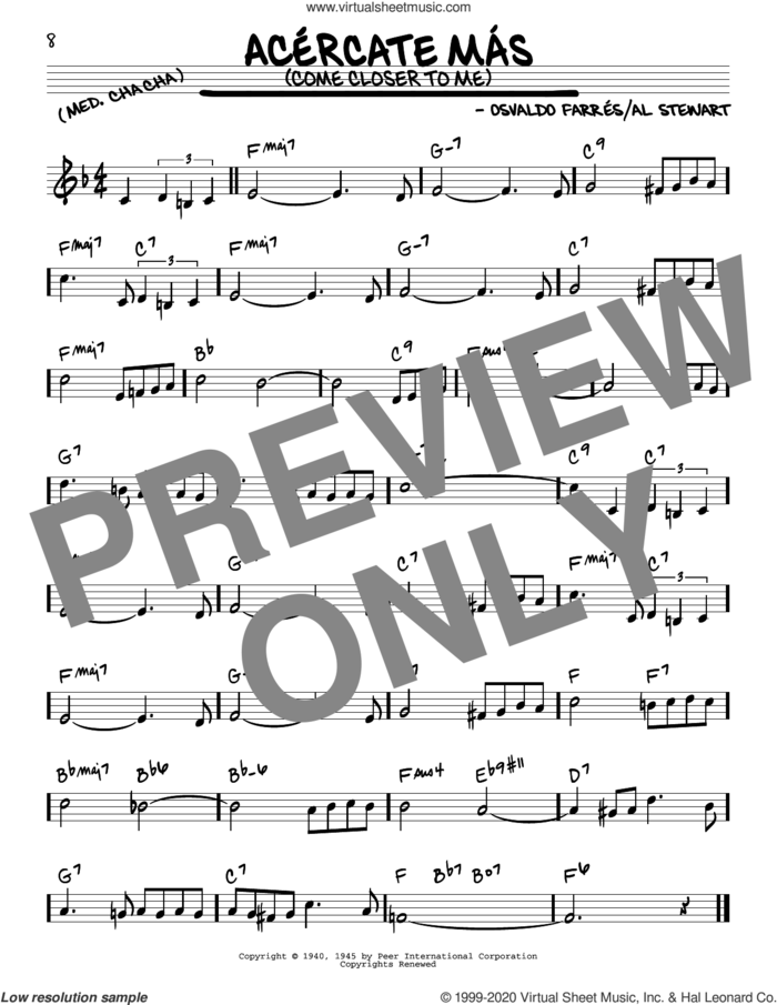 Acercate Mas (Come Closer To Me) sheet music for voice and other instruments (real book) by Osvaldo Farrés and Al Stewart, intermediate skill level