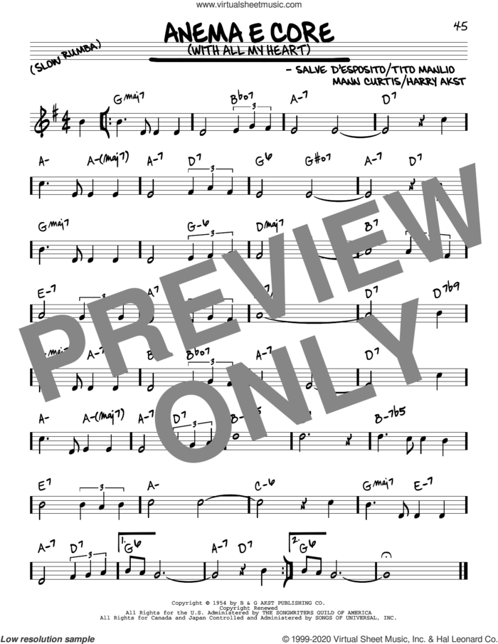 Anema E Core (With All My Heart) sheet music for voice and other instruments (real book) by Eddie Fisher, Harry Akst, Mann Curtis and Tito Manlio, intermediate skill level