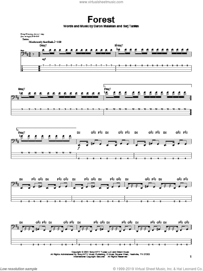 Forest sheet music for bass (tablature) (bass guitar) by System Of A Down, Daron Malakian and Serj Tankian, intermediate skill level