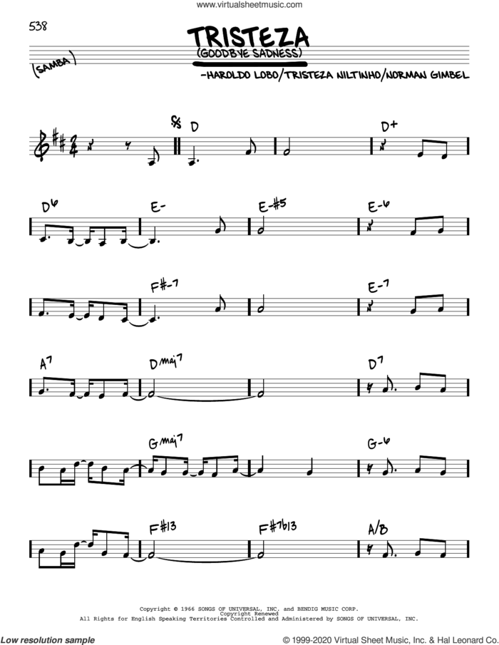 Goodbye Sadness sheet music for voice and other instruments (real book) by Astrud Gilberto, Haroldo Lobo, Norman Gimbel and Tristeza Niltinho, intermediate skill level