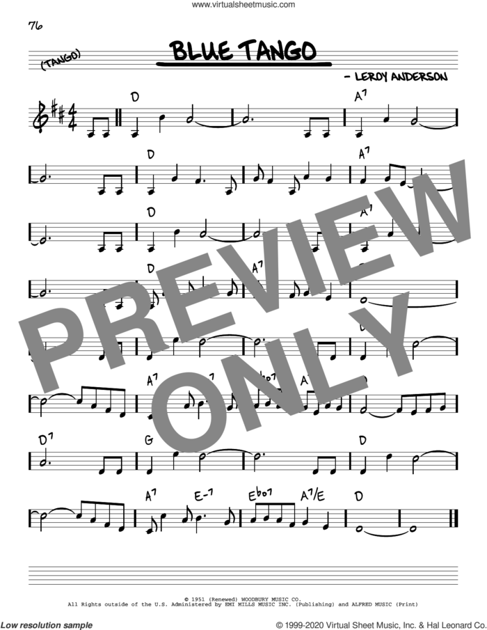 Blue Tango sheet music for voice and other instruments (real book) by Leroy Anderson, intermediate skill level