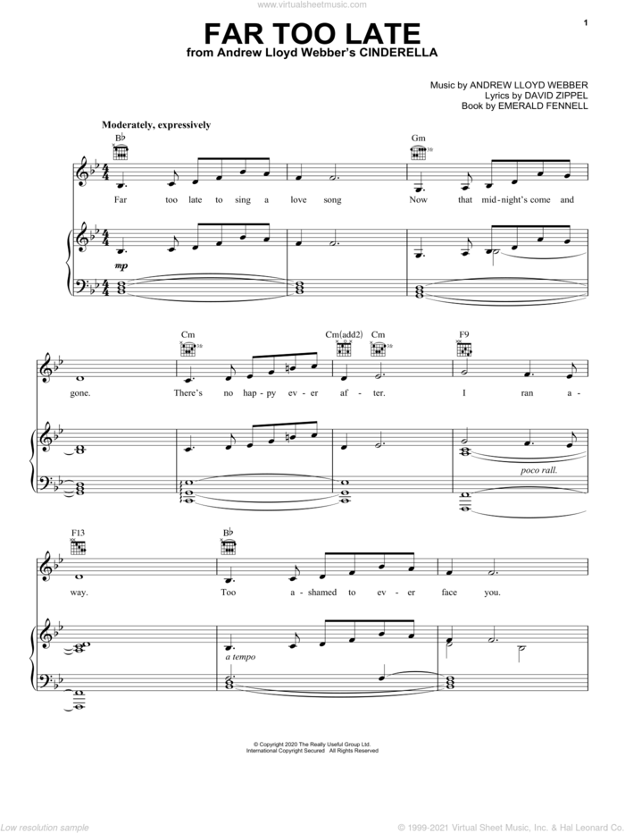 Far Too Late (from Andrew Lloyd Webber's Cinderella) sheet music for voice, piano or guitar by Andrew Lloyd Webber, David Zippel and Emerald Fennell, intermediate skill level