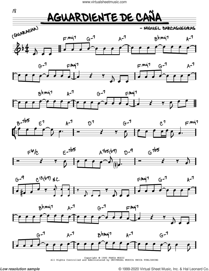 Aguardiente De Cana sheet music for voice and other instruments (real book) by Ray Barretto and Miguel Barcasnegras, intermediate skill level