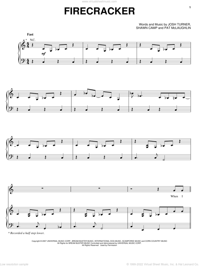 Firecracker sheet music for voice, piano or guitar by Josh Turner, Pat McLaughlin and Shawn Camp, intermediate skill level