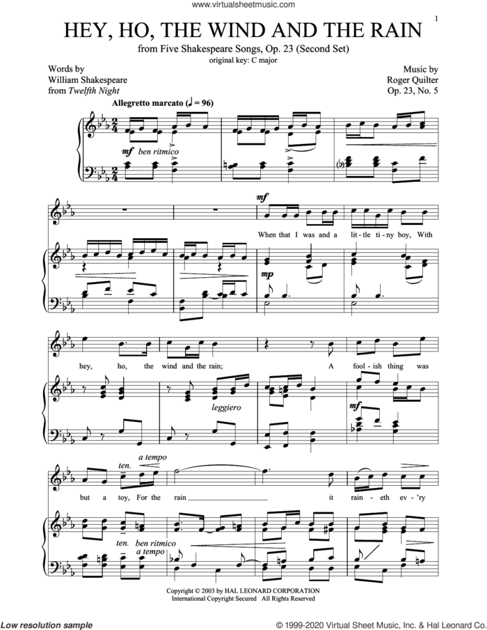 Hey, Ho, The Wind And The Rain (High Voice) sheet music for voice and piano (High Voice) by Roger Quilter and Richard Walters, intermediate skill level