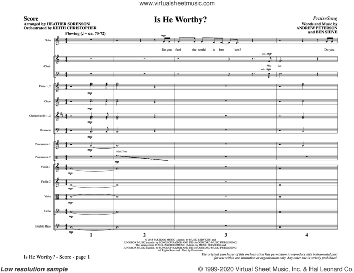 Is He Worthy? (Chamber Orchestra) (arr. Heather Sorenson) (COMPLETE) sheet music for orchestra/band by Heather Sorenson, Andrew Peterson and Ben Shive, intermediate skill level