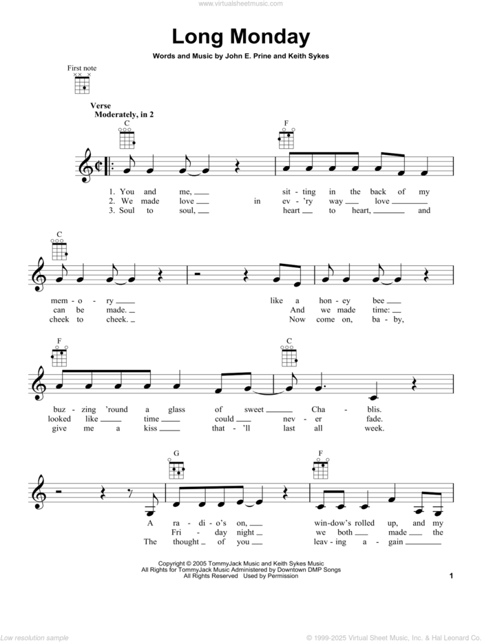 Long Monday sheet music for ukulele by John Prine, John E. Prine and Keith Sykes, intermediate skill level