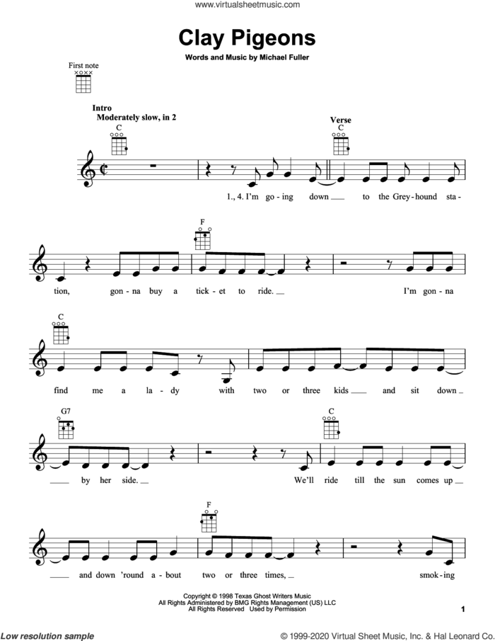 Clay Pigeons sheet music for ukulele by John Prine and Michael Fuller, intermediate skill level