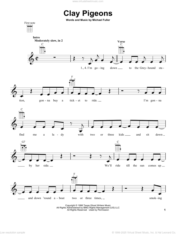 Clay Pigeons sheet music for ukulele by John Prine and Michael Fuller, intermediate skill level