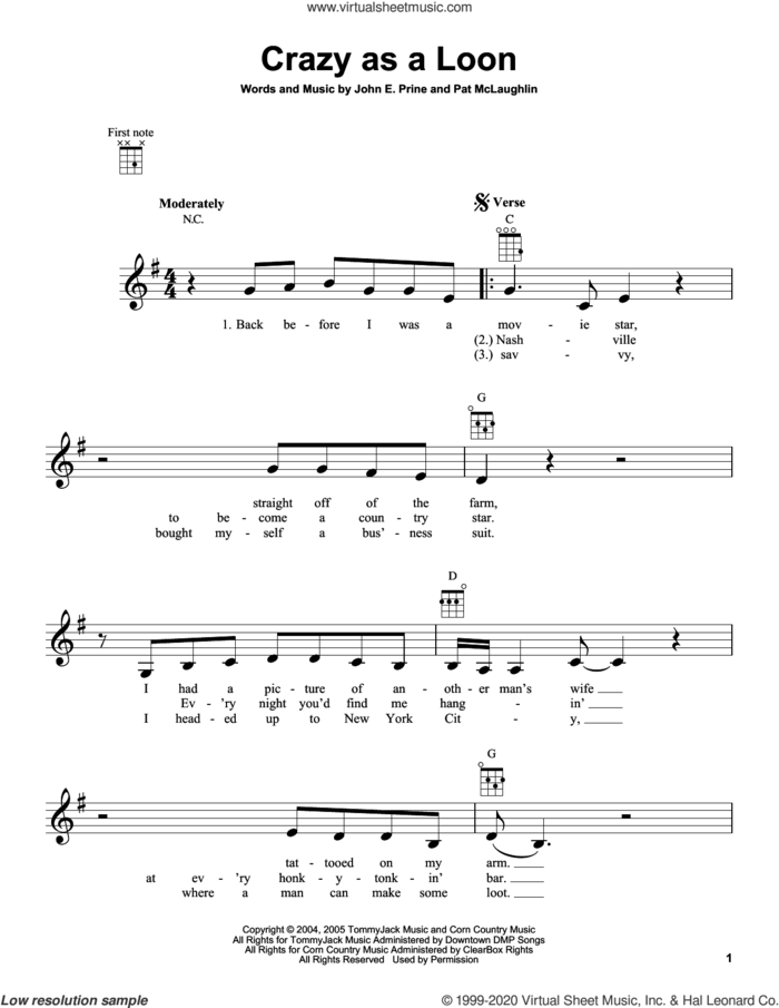 Crazy As A Loon sheet music for ukulele by John Prine, John E. Prine and Pat McLaughlin, intermediate skill level