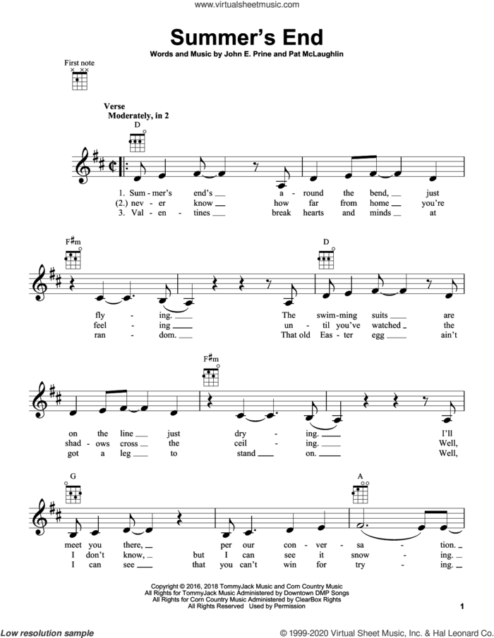 Summer's End sheet music for ukulele by John Prine, John E. Prine and Pat McLaughlin, intermediate skill level