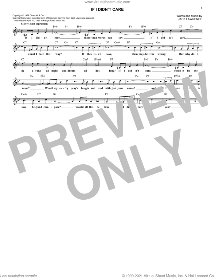 If I Didn't Care sheet music for voice and other instruments (fake book) by Bobby Vinton and Jack Lawrence, intermediate skill level