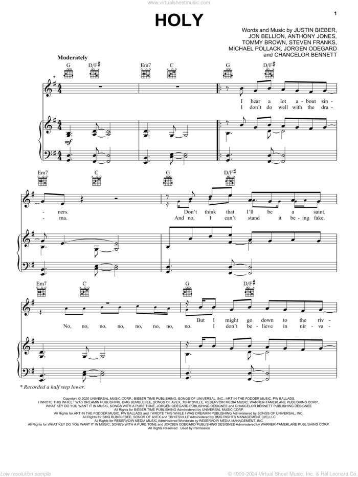 Holy (feat. Chance the Rapper) sheet music for voice, piano or guitar by Justin Bieber, Chance The Rapper, Chancelor Bennett, Jon Bellion, Jorgen Odegard, Steven Franks and Tommy Brown, intermediate skill level