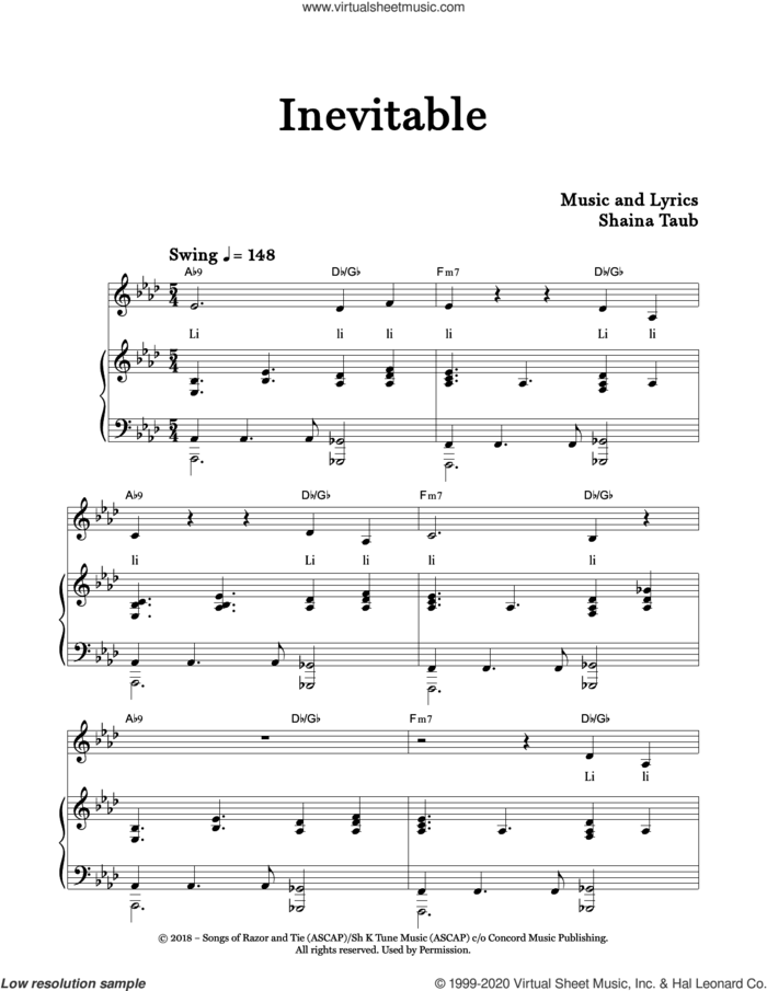 Inevitable sheet music for voice and piano by Shaina Taub, intermediate skill level