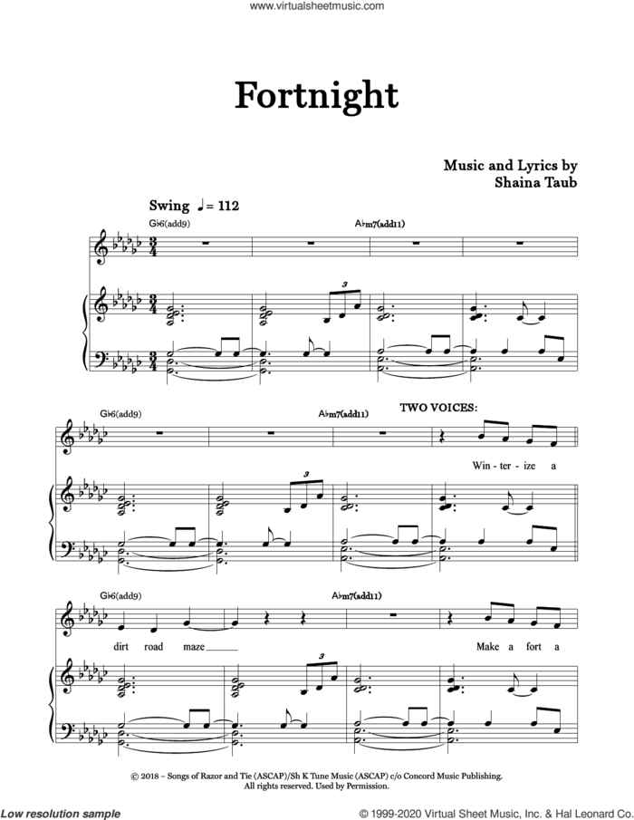 Fortnight sheet music for voice and piano by Shaina Taub, intermediate skill level