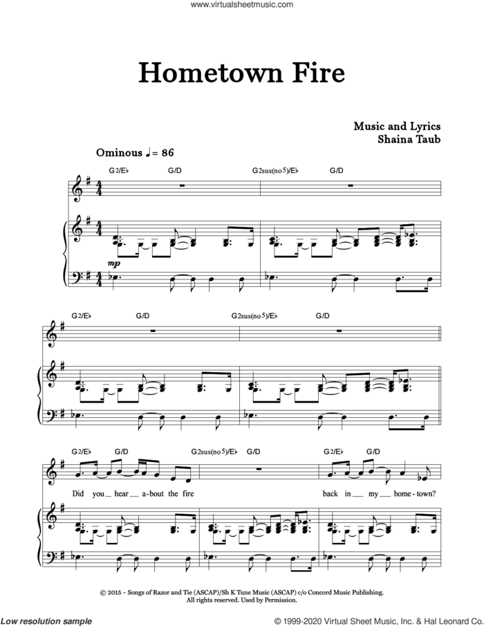 Hometown Fire sheet music for voice and piano by Shaina Taub, intermediate skill level