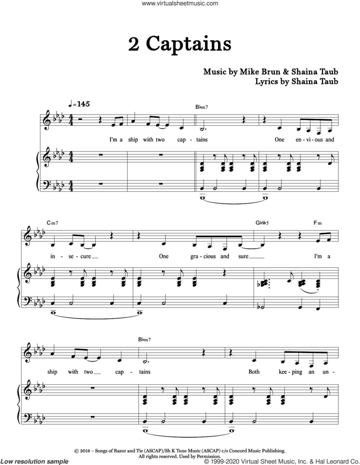 2 Captains sheet music for voice and piano by Shaina Taub and Mike Brun, intermediate skill level