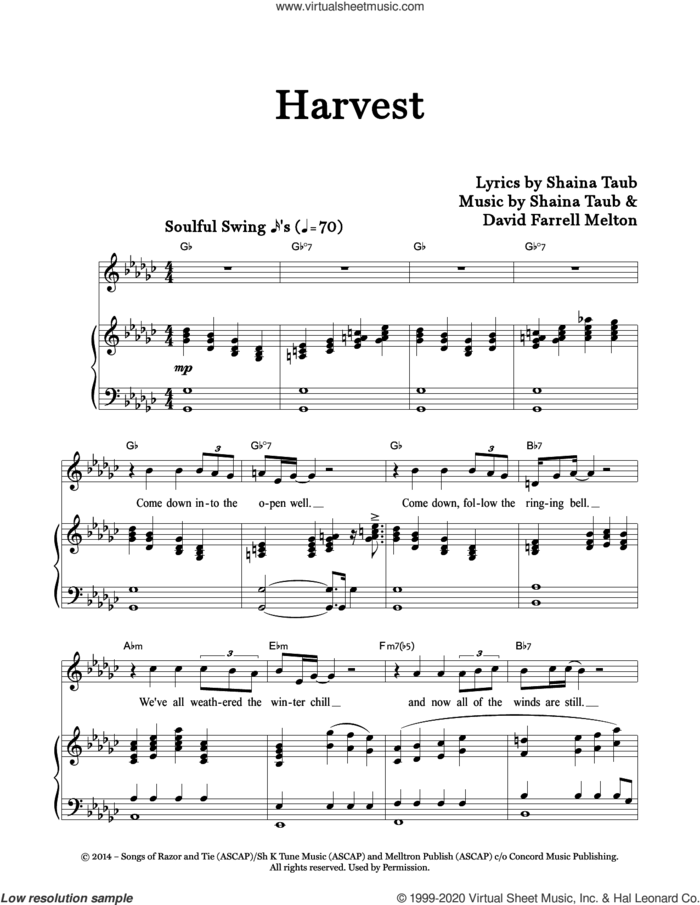 Harvest sheet music for voice and piano by Shaina Taub Trio & Friends, David Farrell Melton and Shaina Taub, intermediate skill level