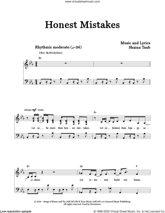 Honest Mistakes sheet music for voice and piano by Shaina Taub, intermediate skill level
