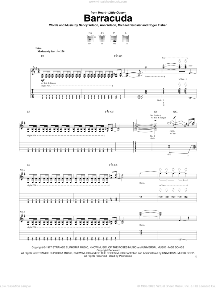 Barracuda sheet music for guitar (tablature) by Heart, Ann Wilson, Michael Derosier, Nancy Wilson and Roger Fisher, intermediate skill level