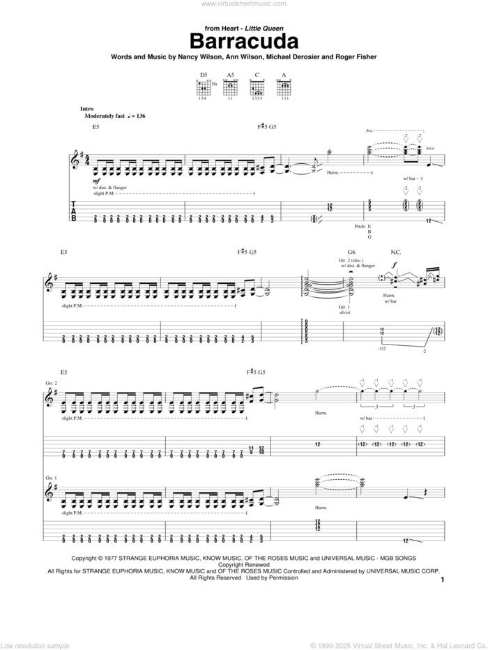 Barracuda sheet music for guitar (tablature) by Heart, Ann Wilson, Michael Derosier, Nancy Wilson and Roger Fisher, intermediate skill level