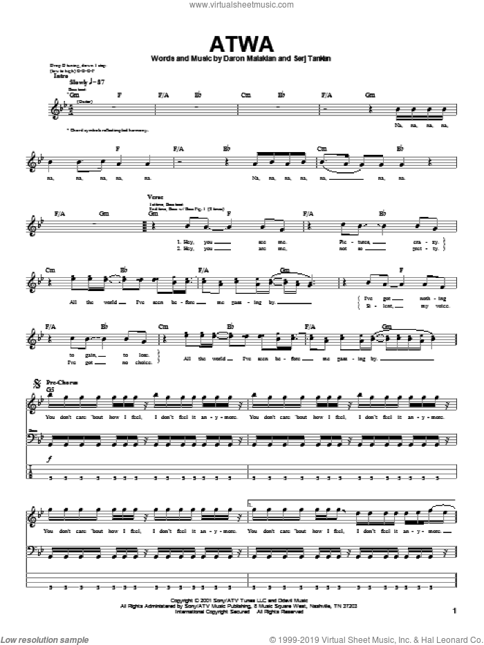 ATWA sheet music for bass (tablature) (bass guitar) by System Of A Down, Daron Malakian and Serj Tankian, intermediate skill level