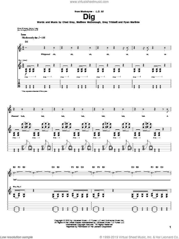 Dig sheet music for guitar (tablature) by Mudvayne, Chad Gray, Greg Tribbett, Matthew McDonough and Ryan Martinie, intermediate skill level