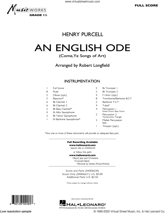 An English Ode (Come, Ye Sons of Art) (arr. Robert Longfield) (COMPLETE) sheet music for concert band by Robert Longfield and Henry Purcell, intermediate skill level