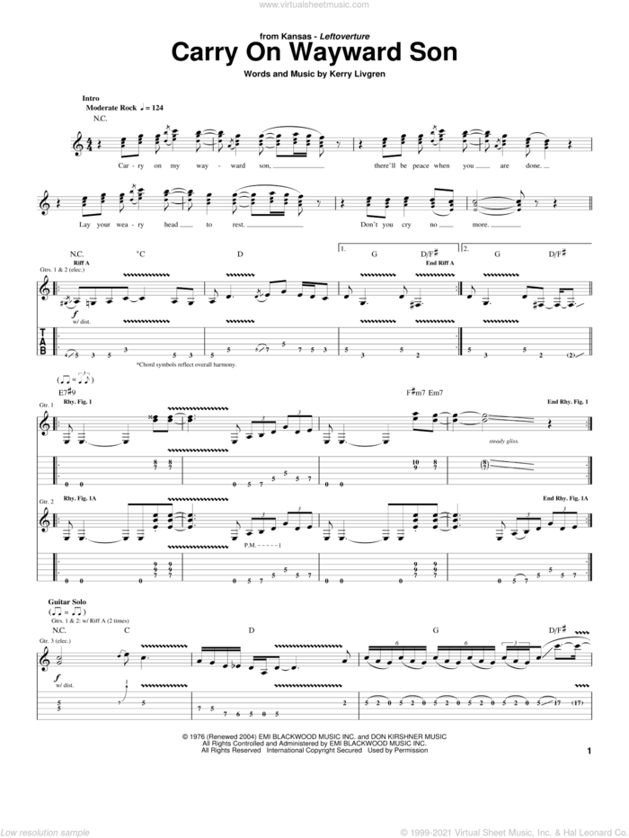 Carry On Wayward Son sheet music for guitar (tablature) by Kansas and Kerry Livgren, intermediate skill level