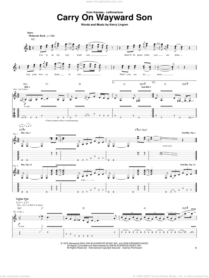 Carry On Wayward Son sheet music for guitar (tablature) by Kansas and Kerry Livgren, intermediate skill level