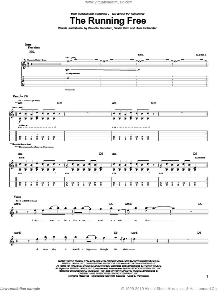 The Running Free sheet music for guitar (tablature) by Coheed And Cambria, Claudio Sanchez, David Katz and Sam Hollander, intermediate skill level