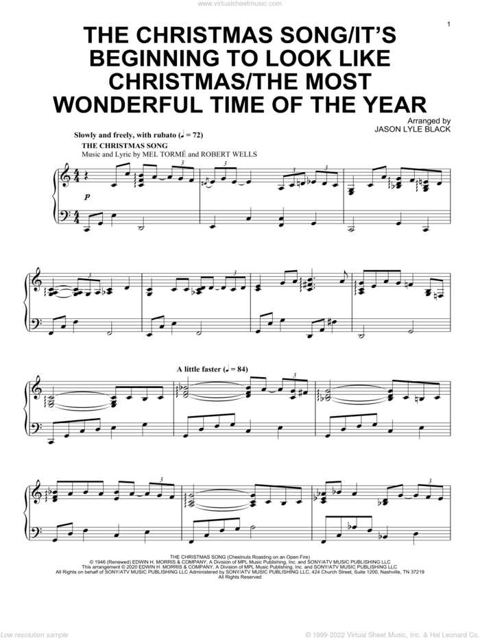 The Christmas Song/It's Beginning To Look Like Christmas/The Most Wonderful Time Of The Year sheet music for piano solo by Meredith Willson, Jason Lyle Black, Eddie Pola, George Wyle, Mel Torme and Robert Wells, intermediate skill level