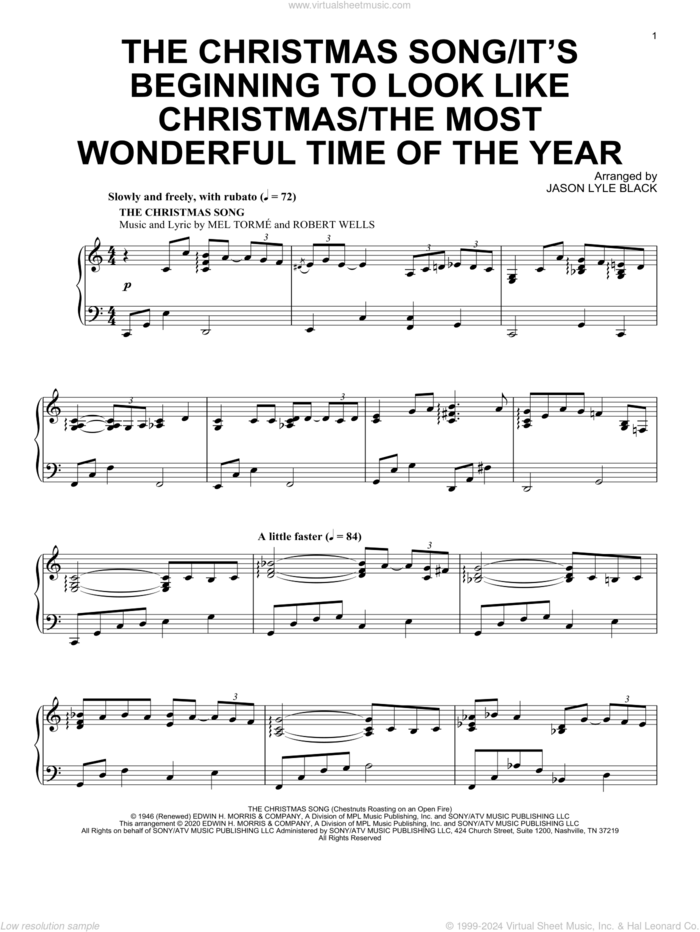 The Christmas Song/It's Beginning To Look Like Christmas/The Most Wonderful Time Of The Year sheet music for piano solo by Mel Torme, Jason Lyle Black, Eddie Pola, George Wyle, Mel Torme, Meredith Willson and Robert Wells, intermediate skill level