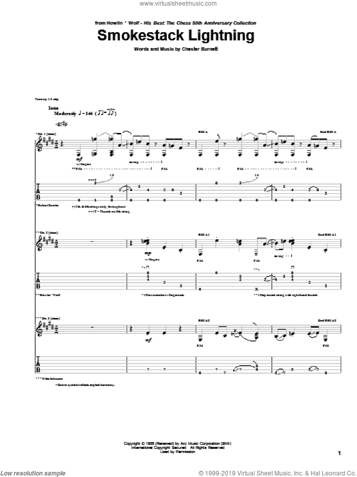 Smokestack Lightning sheet music for guitar (tablature) by Howlin' Wolf and Chester Burnett, intermediate skill level