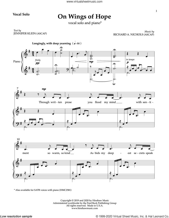 On Wings of Hope sheet music for voice and piano by Richard Nichols and Jennifer Klein, intermediate skill level