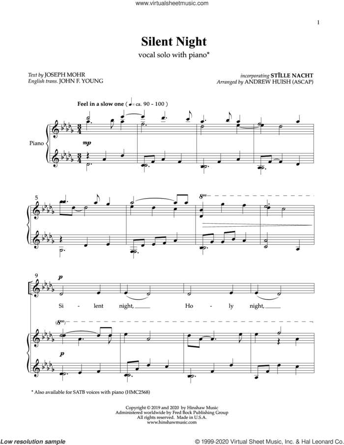 Silent Night sheet music for voice and piano by Andrew Huish, intermediate skill level