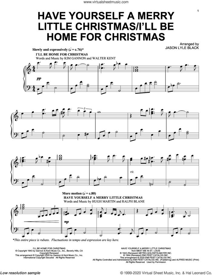 Have Yourself A Merry Little Christmas/I'll Be Home For Christmas sheet music for piano solo by Hugh Martin, Jason Lyle Black, Kim Gannon, Ralph Blane and Walter Kent, intermediate skill level