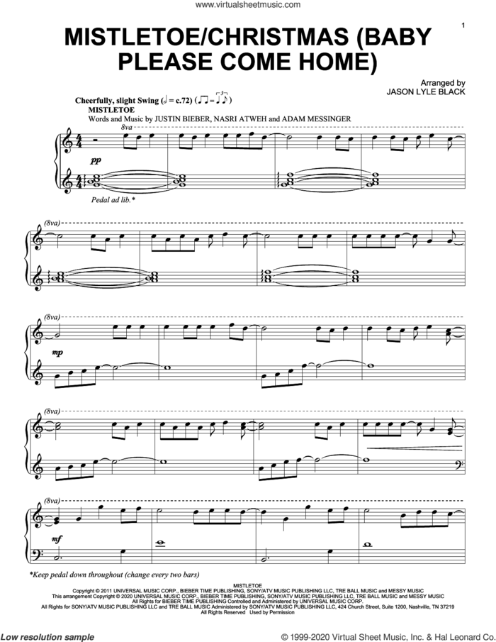 Mistletoe/Christmas (Baby Please Come Home) sheet music for piano solo by Justin Bieber, Jason Lyle Black, Adam Messinger, Ellie Greenwich, Jeff Barry, Nasri Atweh and Phil Spector, intermediate skill level