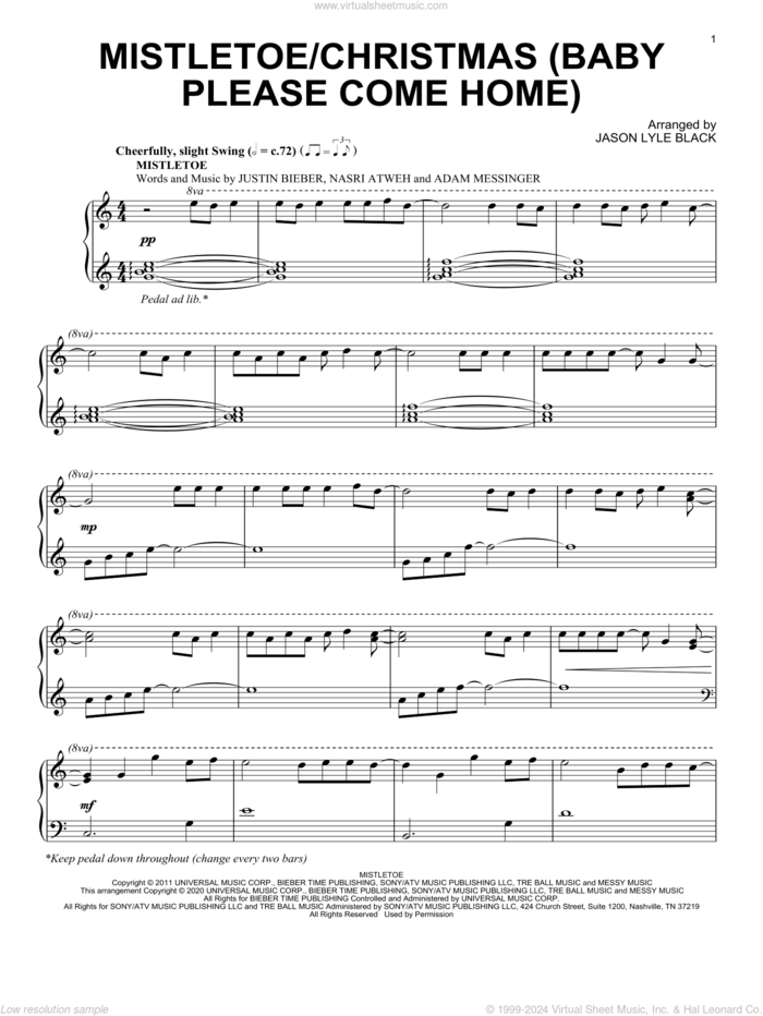 Mistletoe/Christmas (Baby Please Come Home) sheet music for piano solo by Justin Bieber, Jason Lyle Black, Adam Messinger, Ellie Greenwich, Jeff Barry, Nasri Atweh and Phil Spector, intermediate skill level