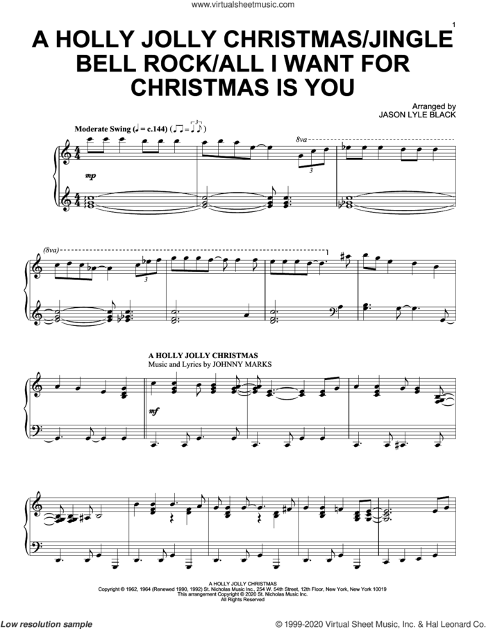A Holly Jolly Christmas/Jingle Bell Rock/All I Want For Christmas Is You sheet music for piano solo by Johnny Marks, Jason Lyle Black, Jim Boothe, Joe Beal, Mariah Carey and Walter Afanasieff, intermediate skill level