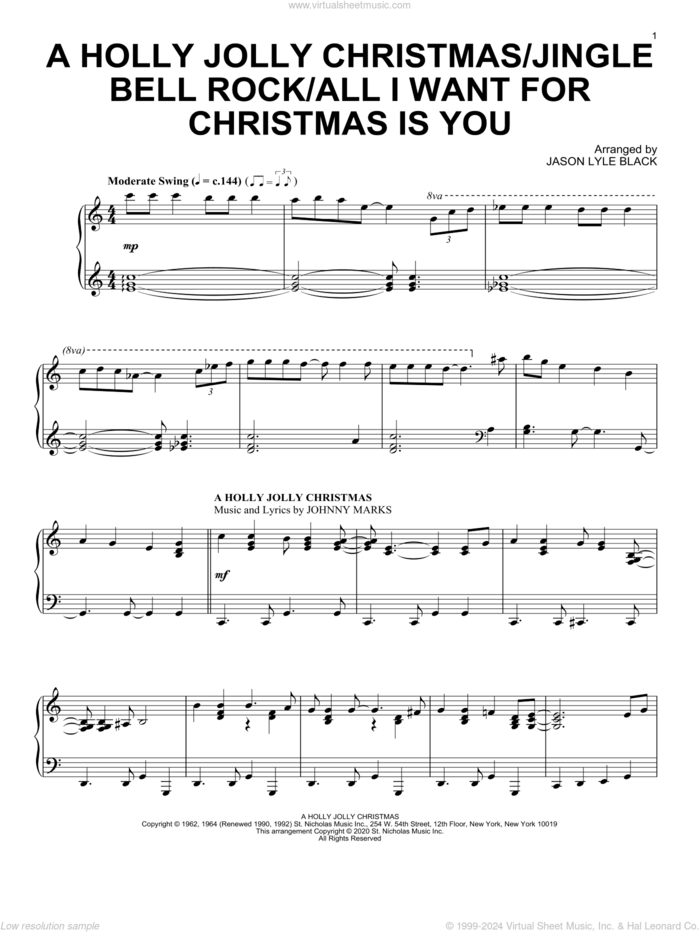 A Holly Jolly Christmas/Jingle Bell Rock/All I Want For Christmas Is You sheet music for piano solo by Johnny Marks, Jason Lyle Black, Jim Boothe, Joe Beal, Mariah Carey and Walter Afanasieff, intermediate skill level