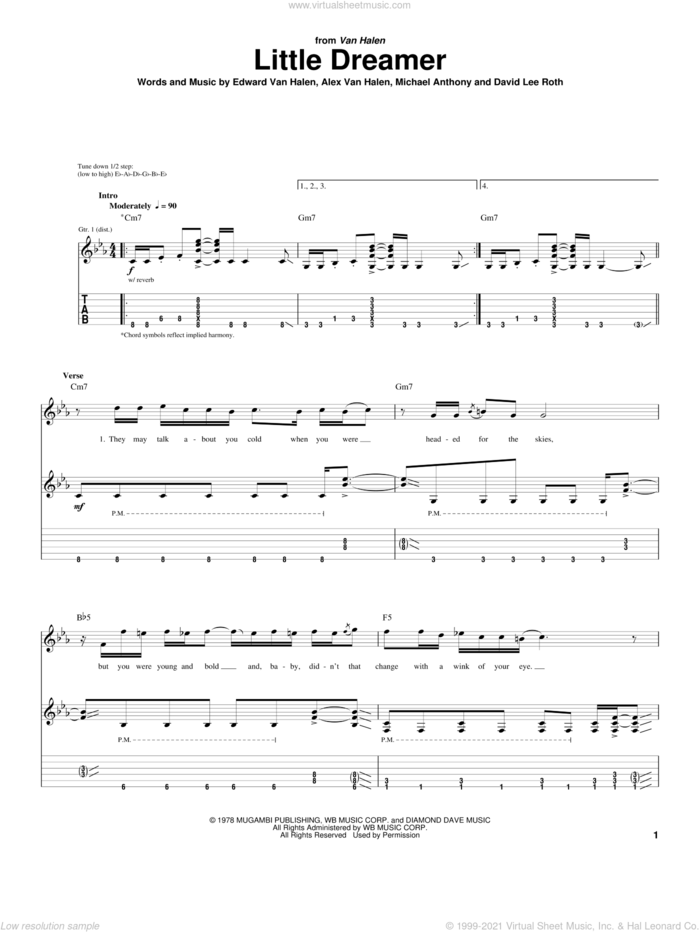 Little Dreamer sheet music for guitar (tablature) by Edward Van Halen, Alex Van Halen, David Lee Roth and Michael Anthony, intermediate skill level