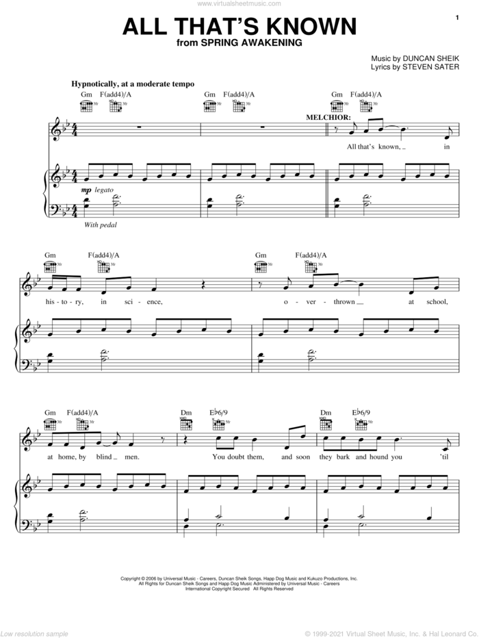 All That's Known sheet music for voice, piano or guitar by Duncan Sheik, Spring Awakening (Musical) and Steven Sater, intermediate skill level